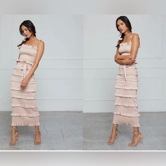 V. Chapman Lily Ruched & Ruffled Stretch Satin Midi Dress Dusty Rose NWT - Picture 8 of 10